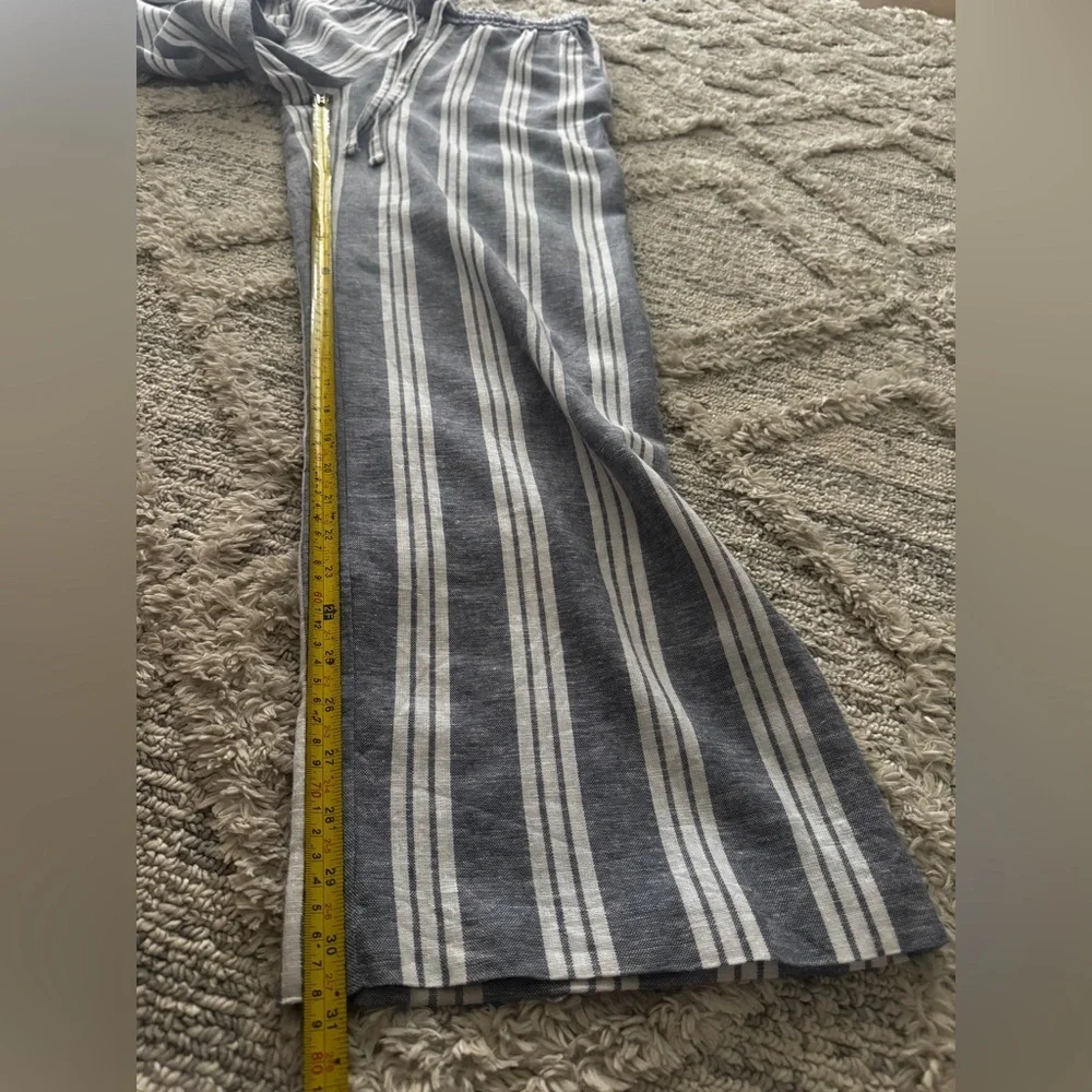 ZARA Linen Blend Striped Wide Leg Pants Blue White Drawstring Size M